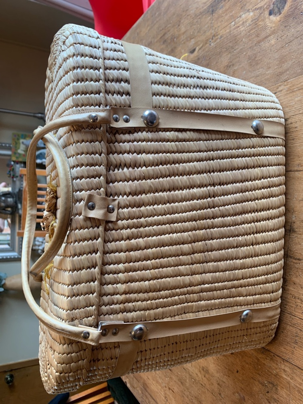 Vintage Woven Straw Tote with Yellow Floral Embroidery - Picture 11 of 16